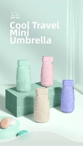 Flat mini UV sun umbrella with UPF 50+ protection in four pastel macaron colors