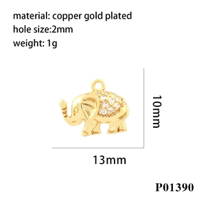 Detailed specs of gold elephant pendant with zircon inlay and 2mm hole dimensions