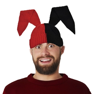 Unisex red and black contrast knitted beanie featuring long rabbit ears and ribbed cuff