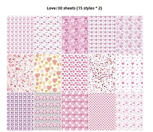 Collection of 30 pink heart themed scrapbook papers with 15 unique geometric designs