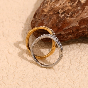 Bagues irrégulières en acier inoxydable plaqué or 18K et argent avec micro-diamants blancs