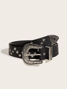 Detail of black leather punk belt with silver star rivets and engraved western buckle