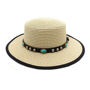 Flat Top Straw Boater Hat Wide Brim Sun Protection Beach Summer Hat With Turquoise Faux Leather Belt Rivets For Women