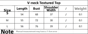 Size chart for V-neck textured top showing length, bust, and shoulder width measurements