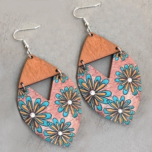 Bohemian sunflower wooden teardrop earrings with vintage floral pattern and silver hooks