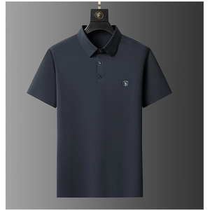 Men's dark blue ice silk polo shirt with high elasticity and premium shield embroidery logo