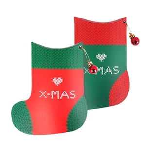 Christmas stocking shaped gift boxes in red and green with X-MAS embroidery style print