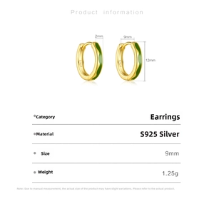 Detailed S925 sterling silver hoop earring dimensions with green enamel pattern