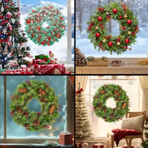 Christmas Wreath Window Stickers Static Cling PVC Glass Decals Pine Needle Red Ball Pine Cone Festive Home Decor