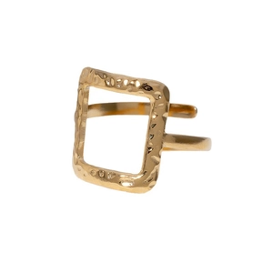 Square hammered 18k gold plated stainless steel open ring with textured finish