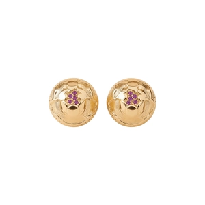 Vintage 18k gold plated round stud earrings with purple crystals and embossed texture