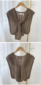 Detailed front and back view of a brown hollow-out knitted shawl with a V-neck tie closure