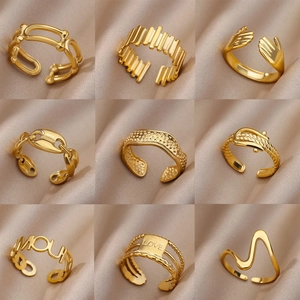 Adjustable Stainless Steel Rings 18K Gold Plated Geometric Minimalist Wave Hug Letter Open Ring Fashion Jewelry