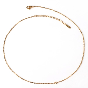 Detailed macro view of a gold stainless steel O-chain necklace with lobster clasp and tag