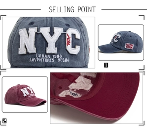 Détails de la broderie NYC et des coutures sur une casquette vintage en coton lavé