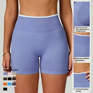 Pantaloncini yoga lavanda senza cuciture a vita alta con profili bianchi e costine