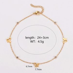 Elegant Butterfly Charm Anklet 304 Stainless Steel With Round Zircon Inlaid Minimalist Jewelry For Women