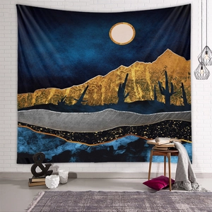 Detailed macro view of an abstract night desert tapestry with golden mountain patterns