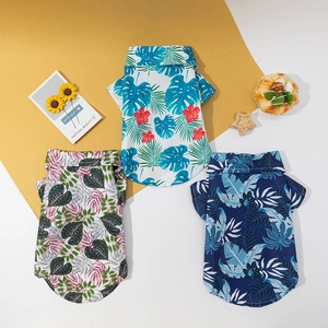 Three Hawaiian style pet shirts for dogs and cats with summer floral prints in multiple colors