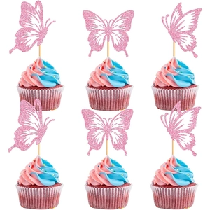 Set of 6 pink glitter butterfly cake toppers on cupcakes with wood sticks