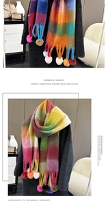 Close-up of colorful rainbow plaid scarf with soft fringe tassels for winter warmth