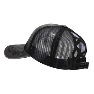 Breathable black ponytail baseball cap with mesh panels and cross elastic bands