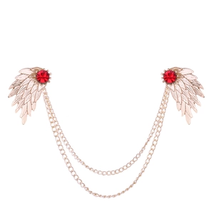Fashion gold wing collar pin chain with red rhinestones for shirts and suits