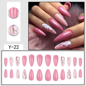Pink almond press-on nails with floral pattern and hand-painted plum blossom details