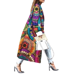 Longline double-breasted coat with colorful paisley prints and faux fur trimmed cuffs