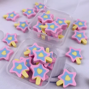 Star-shaped pink and blue popsicle erasers in clear storage boxes for students