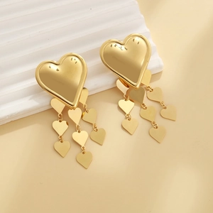 Elegant 18k gold plated stainless steel tiered heart tassel dangle earrings
