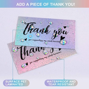 Holographic laser thank you cards with waterproof PET film and heart pattern detail