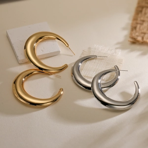 Chunky C-Shaped Hoop Earrings For Women Vintage Simple Polished Copper Geometric Metal Style Jewelry Statement Accessories