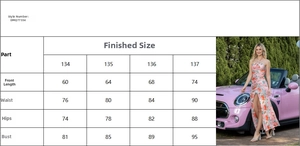 Size chart showing dress length, waist, hip, and chest measurements for floral mesh dress