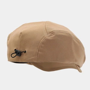 Detail showing the adjustable elastic drawstring on the khaki twill flat cap back