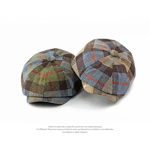 Classic British wool plaid newsboy caps with vintage octagonal design for men and women