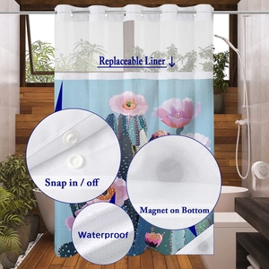 Detail view of snap-in waterproof shower liner with magnets on a cactus floral curtain