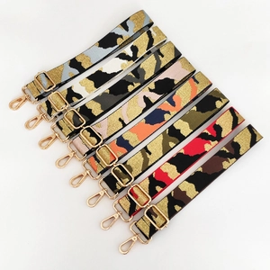 Close-up of adjustable 3.8cm camo bag straps with jacquard weave and gold hardware