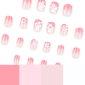 3D white flower press-on nails with pink gradient blush and French square style