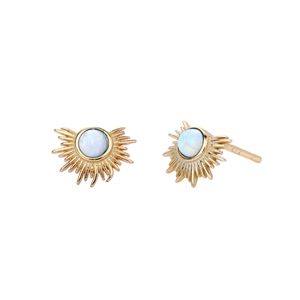 Elegant S925 sterling silver gold stud earrings with white opal in sunburst fan shape