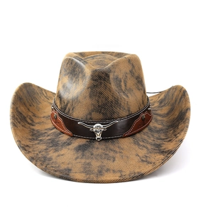 Detail of western cowboy hat featuring leather band with silver bull head emblem
