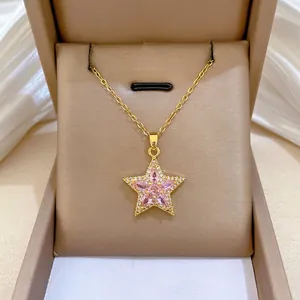 Collier Pendentif Étoile Rose Chaîne En Acier Inoxydable Cuivre Zircon Fleur Micro Pavé Zircone Bijoux Pour Femmes