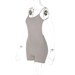 Side view of gray sleeveless backless knitted romper on a mannequin for fit detail