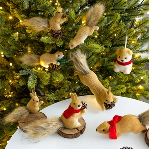 Artificial Christmas Squirrel Bear Ornaments Flocking Foam Plastic With Natural Pinecones Winter Holiday Desktop Tree Hanging Decor