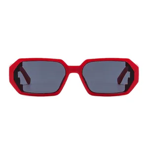 Fashionable red wide-frame sunglasses with unique geometric pixel-cut dark lenses