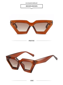 Close-up of brown geometric cat-eye sunglasses with translucent resin frames and lenses