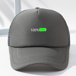 Grey trucker hat with 100% battery print and breathable mesh back for outdoor sun protection
