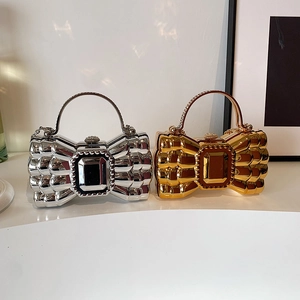 Evening Clutch Bag Bow Shape Metallic Acrylic Hard Shell Party Handbag With Rhinestone Handle And Chain Strap