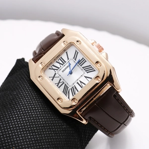 Orologio al quarzo da uomo quadrato con cassa in oro rosa e cinturino in pelle marrone