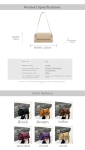 Detailed dimension chart for PU leather baguette bag showing size 26x13x5.5cm and handle height